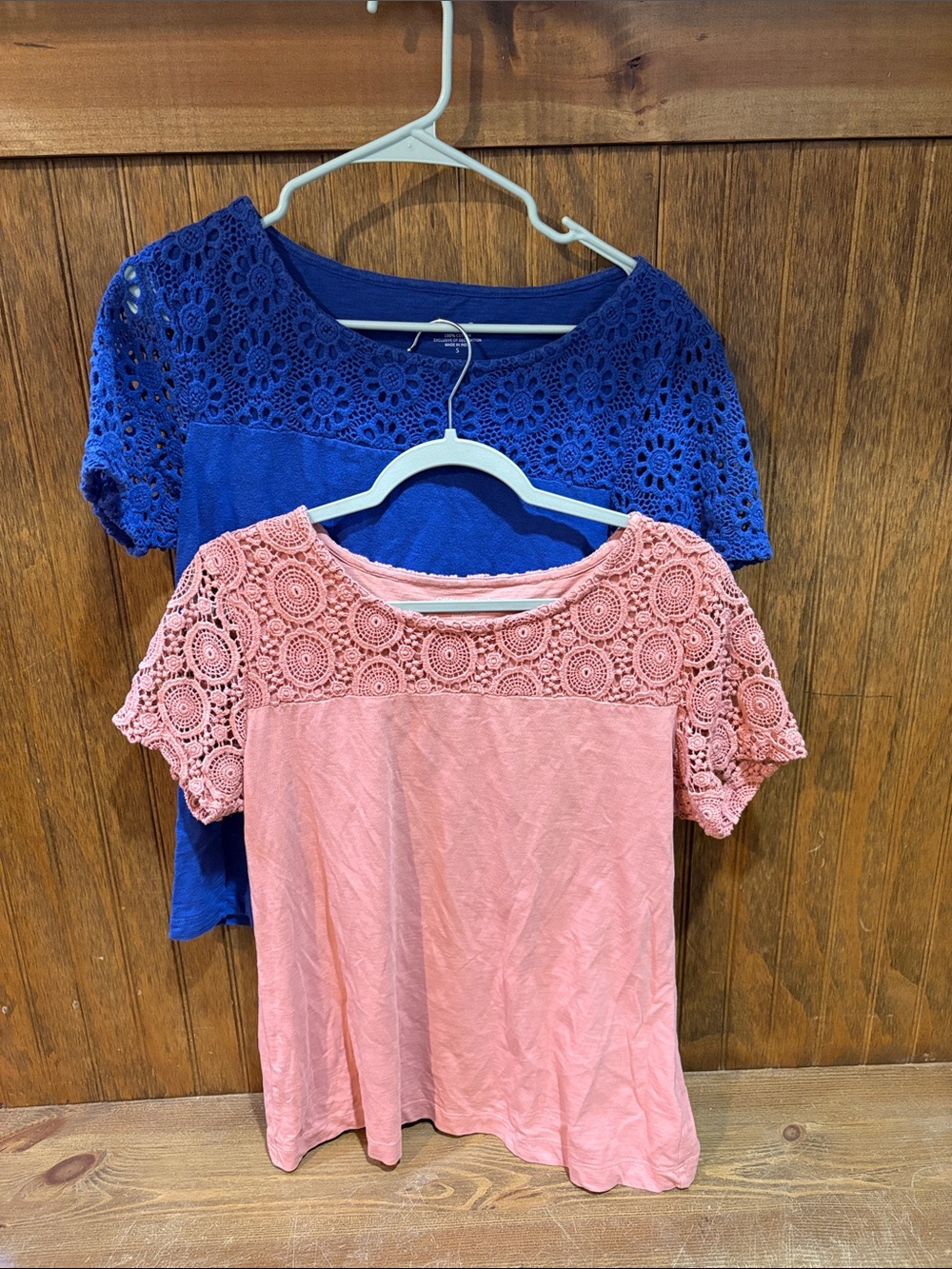 Coldwater Creek Crochet Yoke Short Sleeve Top — Blue & Pink